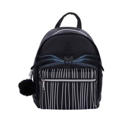 Jack Skellington backpack gothic pinstripe 28cm with black cat design and pom-pom, inspired by The Nightmare Before Christmas.