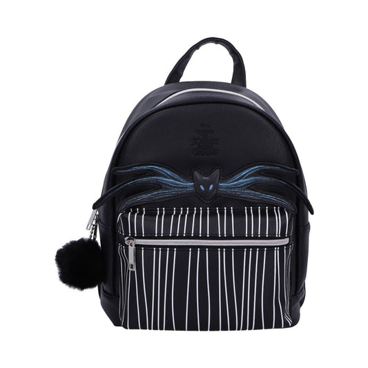 Jack Skellington backpack gothic pinstripe 28cm with black cat design and pom-pom, inspired by The Nightmare Before Christmas.