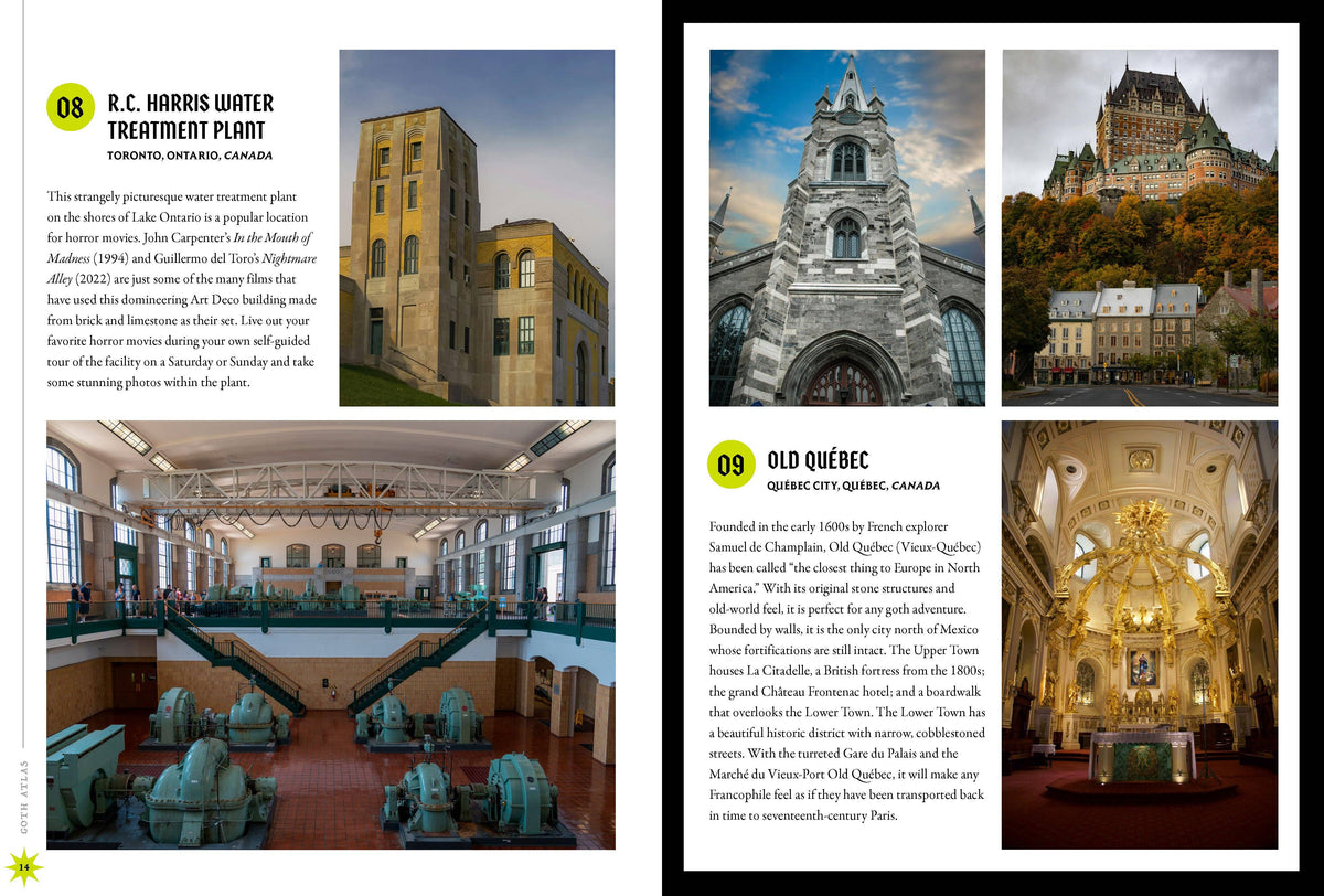 Inside spread with a text page on the left and three photos of buildings and interiors on the right.