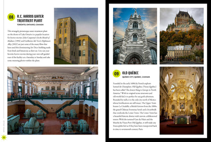 Inside spread with a text page on the left and three photos of buildings and interiors on the right.