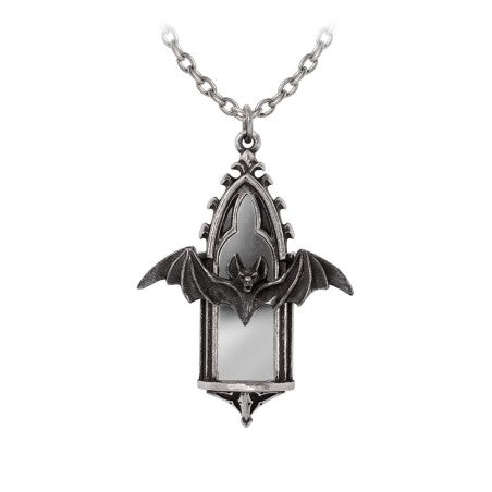 Bat Necklace featuring a gothic cathedral pendant with bat design and reflective mirror detailing.