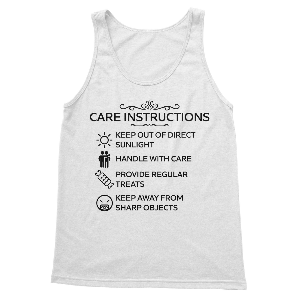 Ladies white vest top with black “Care Instructions” print
