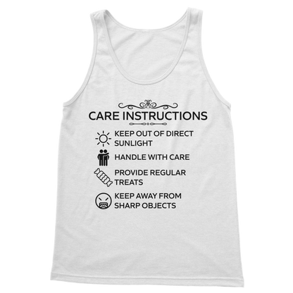 Ladies white vest top with black “Care Instructions” print