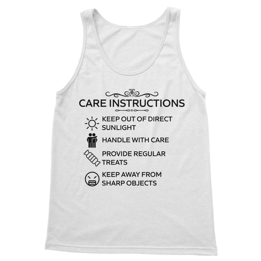 Ladies white vest top with black “Care Instructions” print