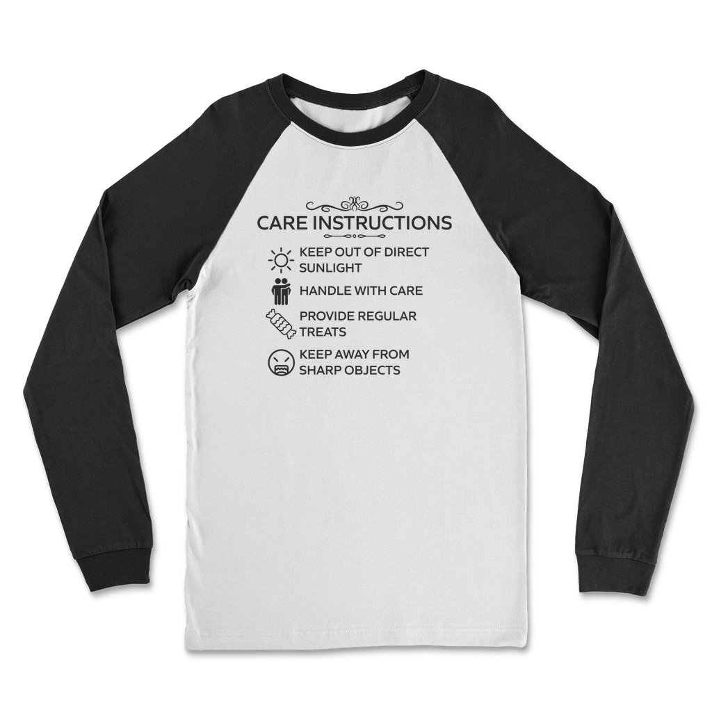 Raglan long sleeve shirt with Care Instructions black print design