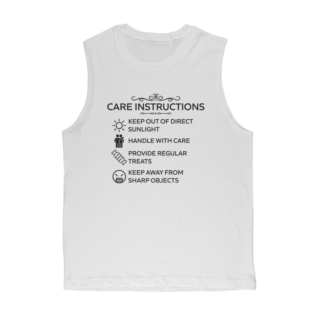 White classic muscle top with black “Care Instructions” print