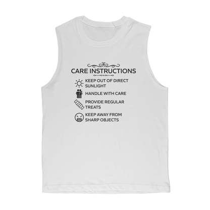 White classic muscle top with black “Care Instructions” print