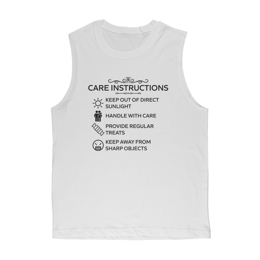 White classic muscle top with black “Care Instructions” print