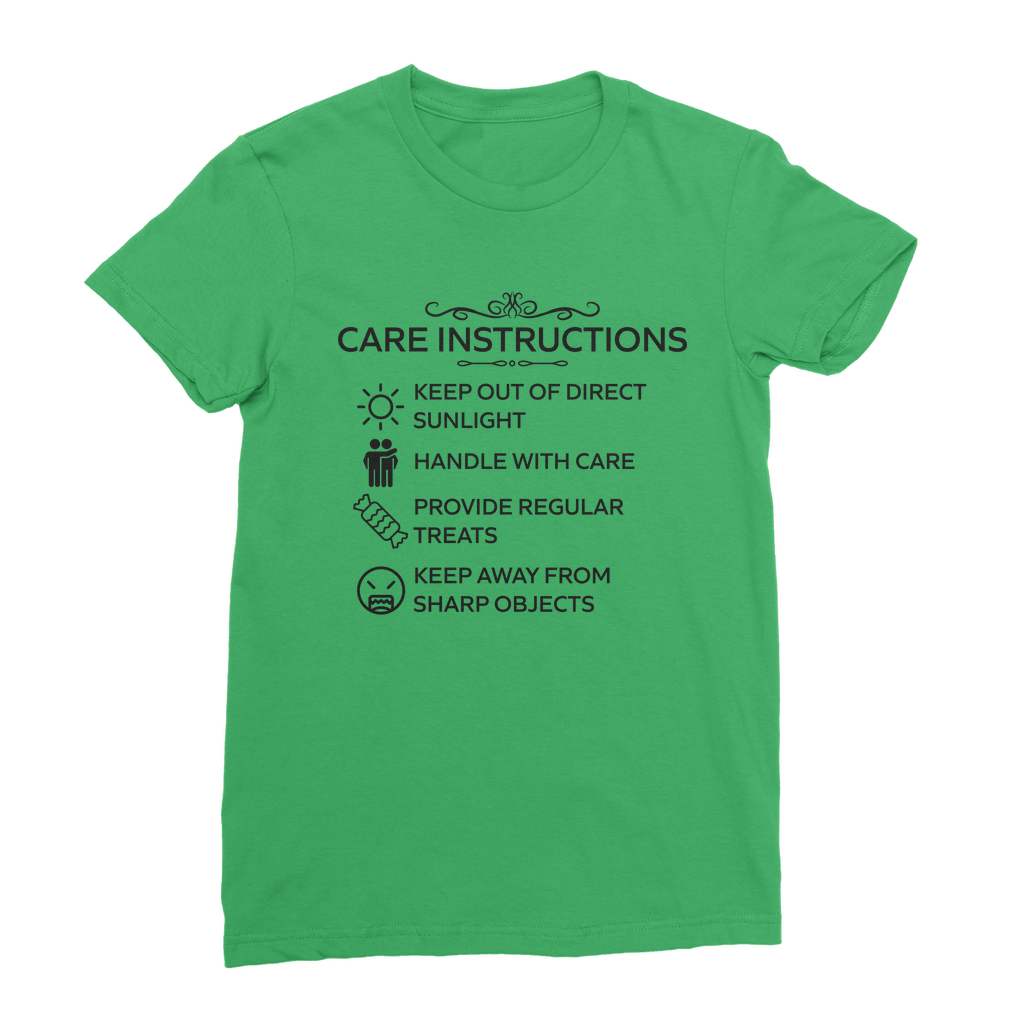 Green cotton t-shirt with black “Care Instructions” funny print