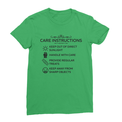 Green cotton t-shirt with black “Care Instructions” funny print
