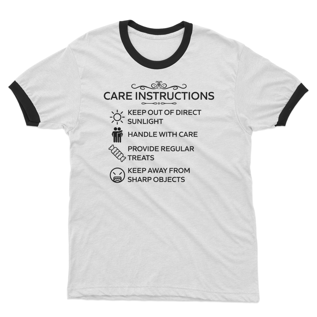 Care Instructions unisex ringer t-shirt with black print by Kate