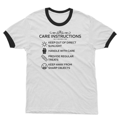 Care Instructions unisex ringer t-shirt with black print by Kate