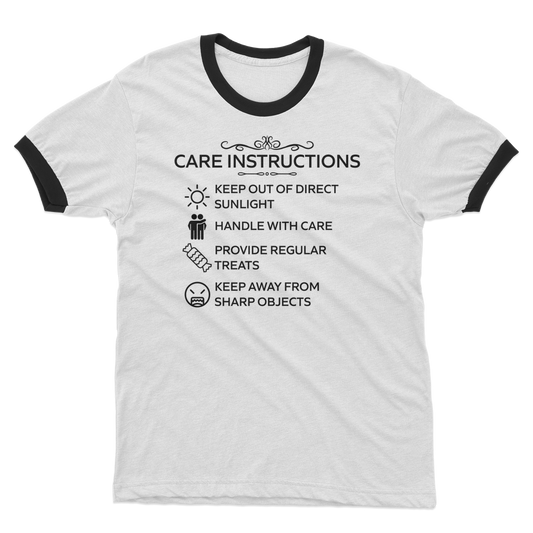 Care Instructions unisex ringer t-shirt with black print by Kate