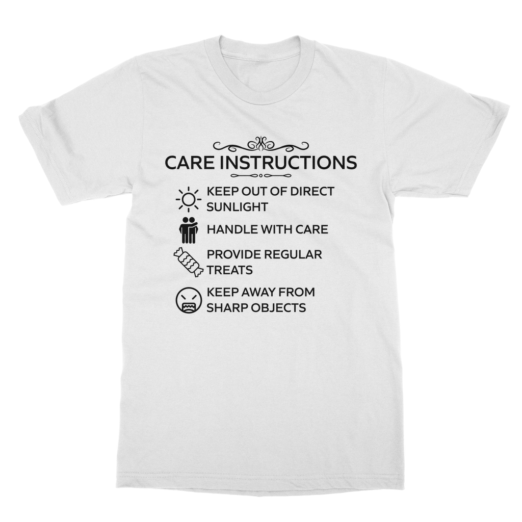 Care Instructions T-Shirt with black print on white background – front view