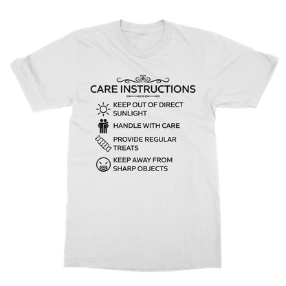 Care Instructions T-Shirt with black print on white background – front view
