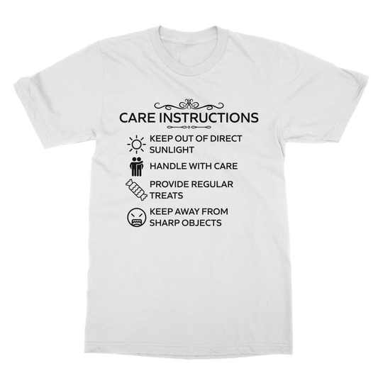 Care Instructions T-Shirt with black print on white background – front view