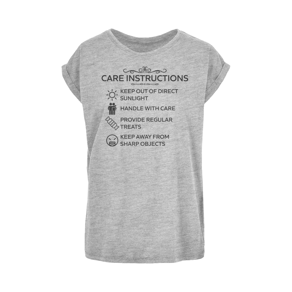Grey extended shoulder women's t-shirt with Care Instructions black print