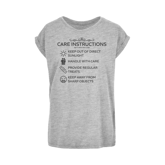 Grey extended shoulder women's t-shirt with Care Instructions black print