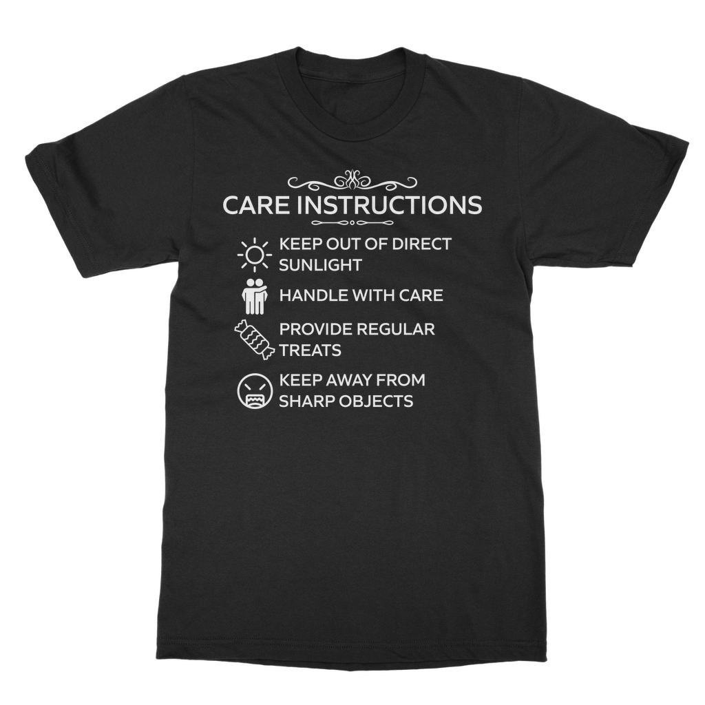 Classic heavy cotton t-shirt with white “Care Instructions” graphic