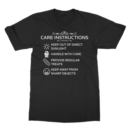 Classic heavy cotton t-shirt with white “Care Instructions” graphic