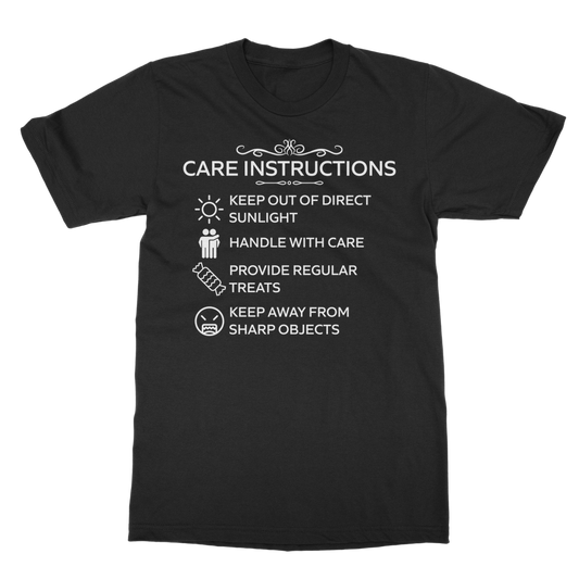 Classic heavy cotton t-shirt with white “Care Instructions” graphic