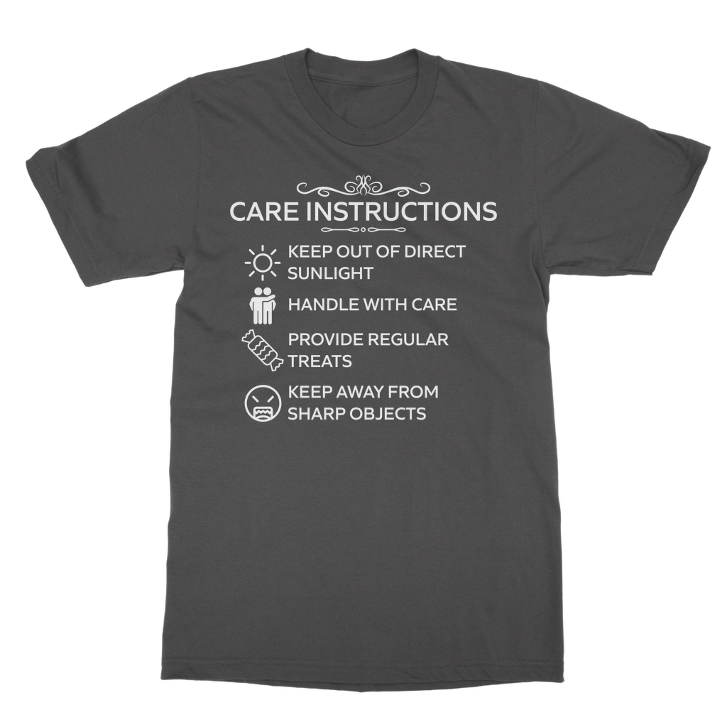 Classic heavy cotton t-shirt with white “Care Instructions” graphic in Dark Heather