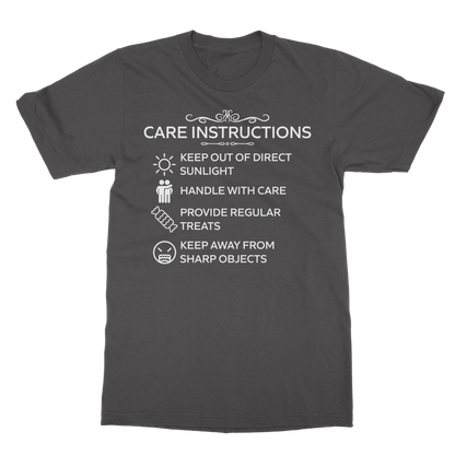 Classic heavy cotton t-shirt with white “Care Instructions” graphic in Dark Heather