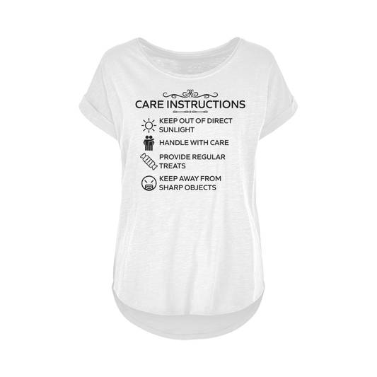 Lightweight white slub t-shirt with Care Instructions black print
