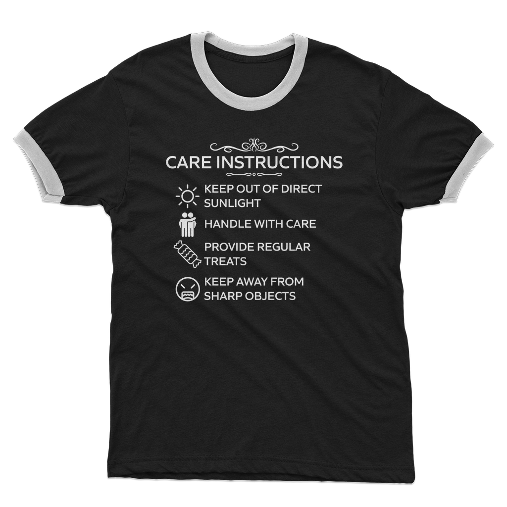 Unisex black ringer t-shirt with funny “Care Instructions” white print