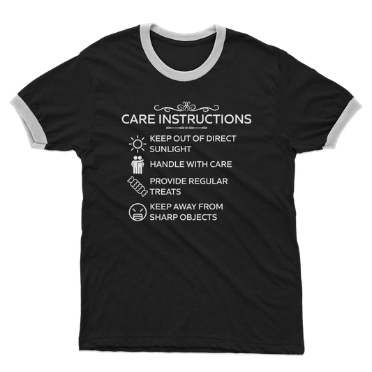 Unisex black ringer t-shirt with funny “Care Instructions” white print