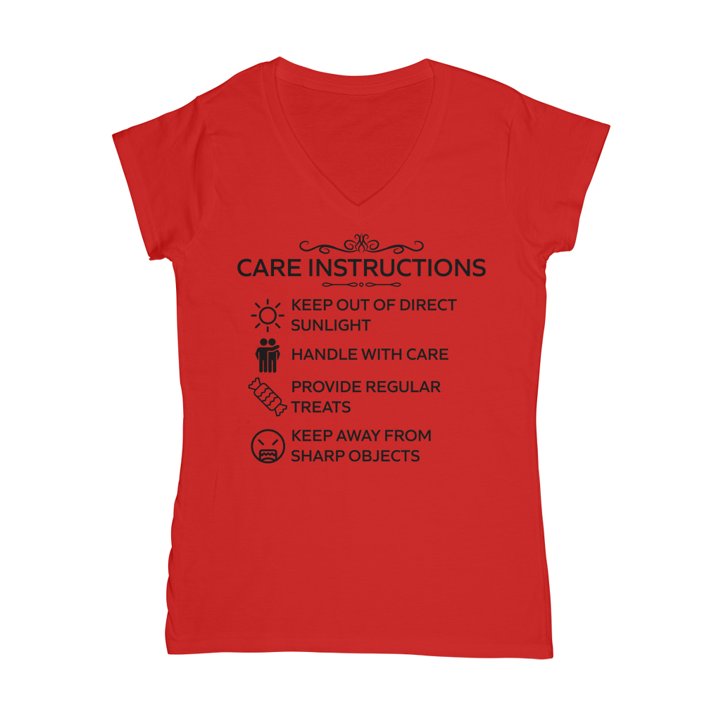 Red V-neck t-shirt with black “Care Instructions” funny print