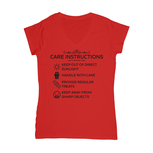 Red V-neck t-shirt with black “Care Instructions” funny print