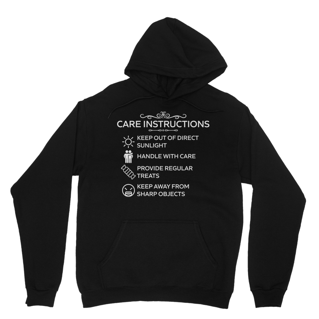 Unisex cotton-poly hoodie with self-care instructions