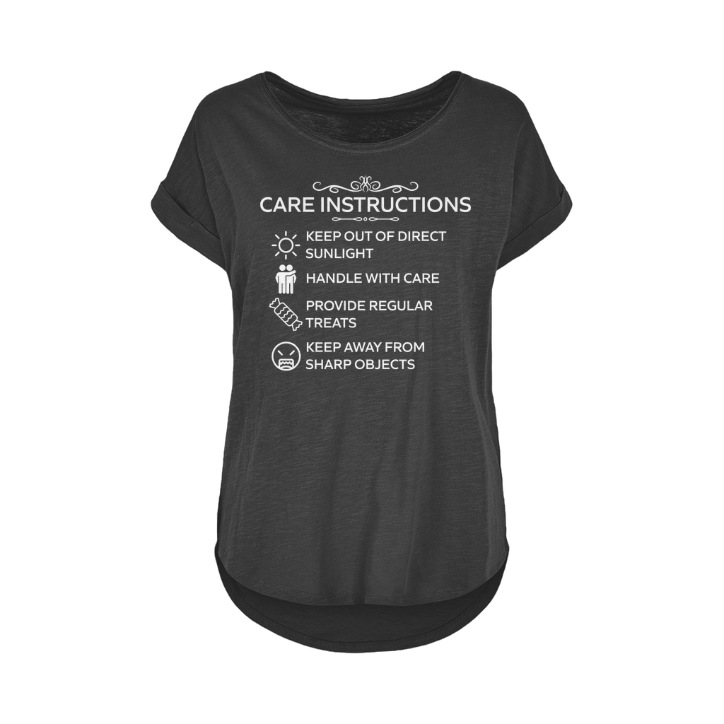 Funny white print t-shirt with "Care Instructions" text