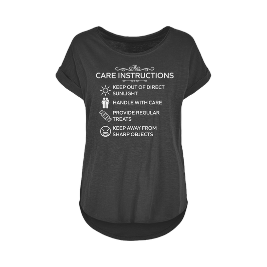 Funny white print t-shirt with "Care Instructions" text