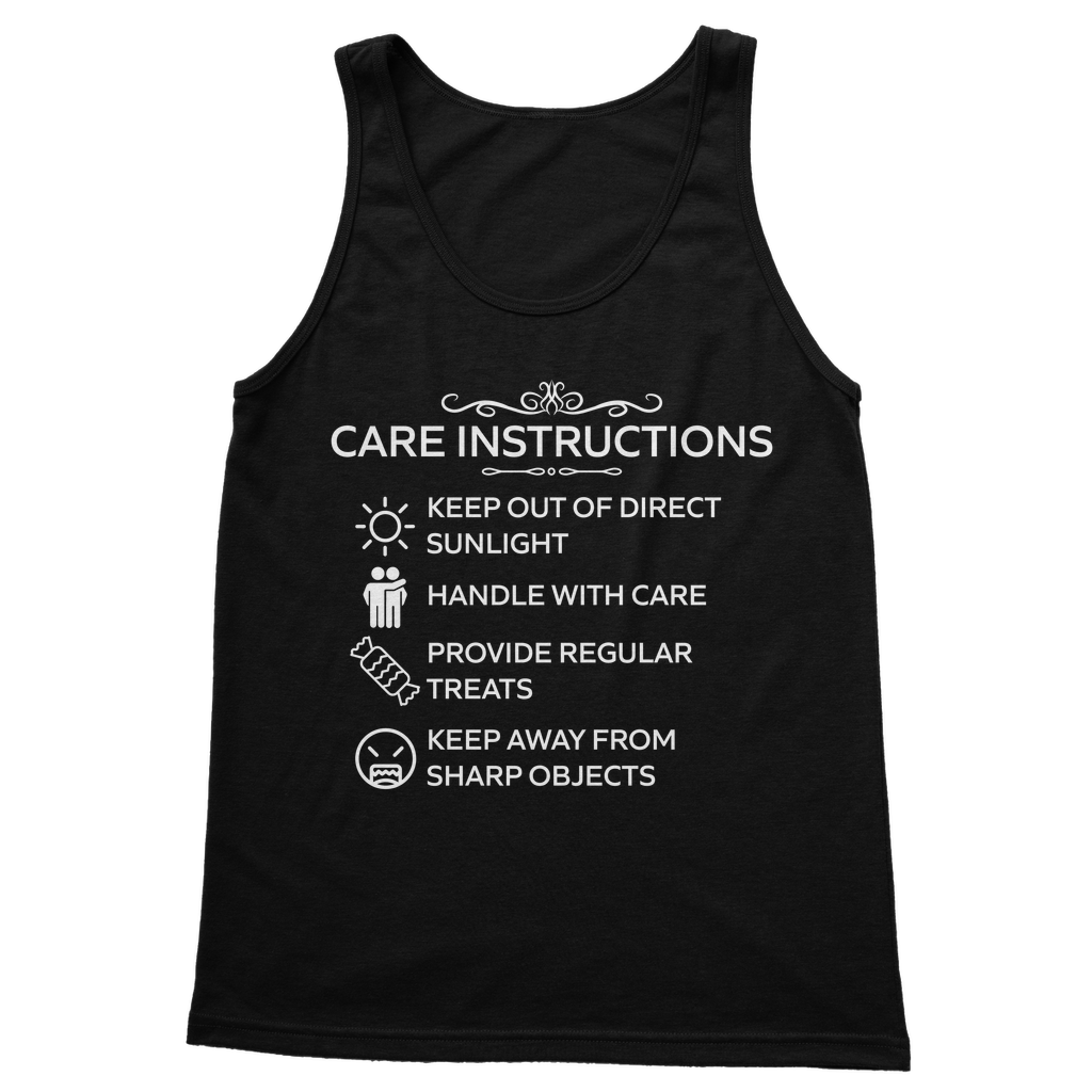 Fitted ladies vest top with funny white “Care Instructions” print