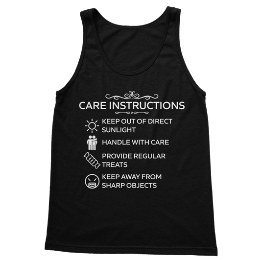 Fitted ladies vest top with funny white “Care Instructions” print
