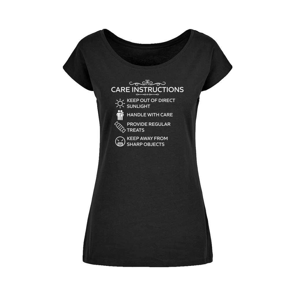 Wide neck women's t-shirt with funny white “Care Instructions” print