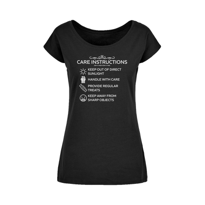 Wide neck women's t-shirt with funny white “Care Instructions” print