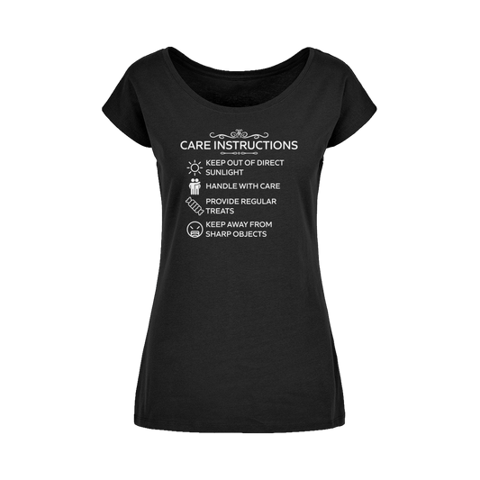 Wide neck women's t-shirt with funny white “Care Instructions” print