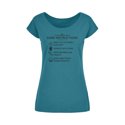 Blue wide neck women's t-shirt with Care Instructions black print
