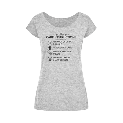 Grey wide neck women's t-shirt with Care Instructions black print