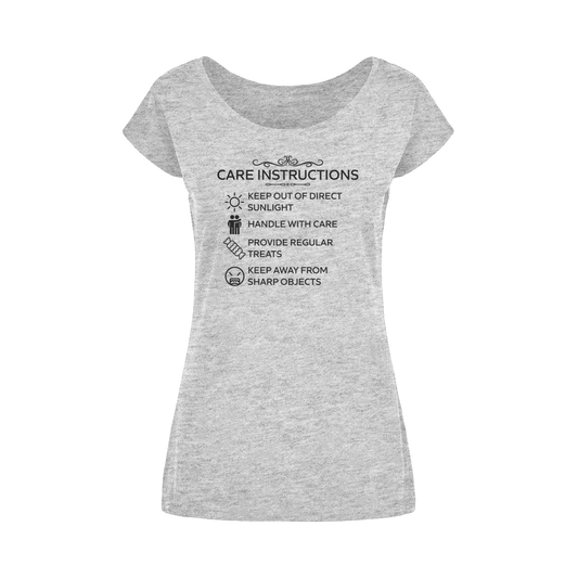 Grey wide neck women's t-shirt with Care Instructions black print