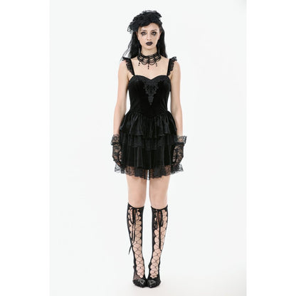 Dark in Love Nocturne Ruffled Velvet Lace Goth Dress in Black