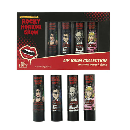 Mad Beauty Rocky Horror lip balm gift set box next to the four tubes, showing the packaging and balms together