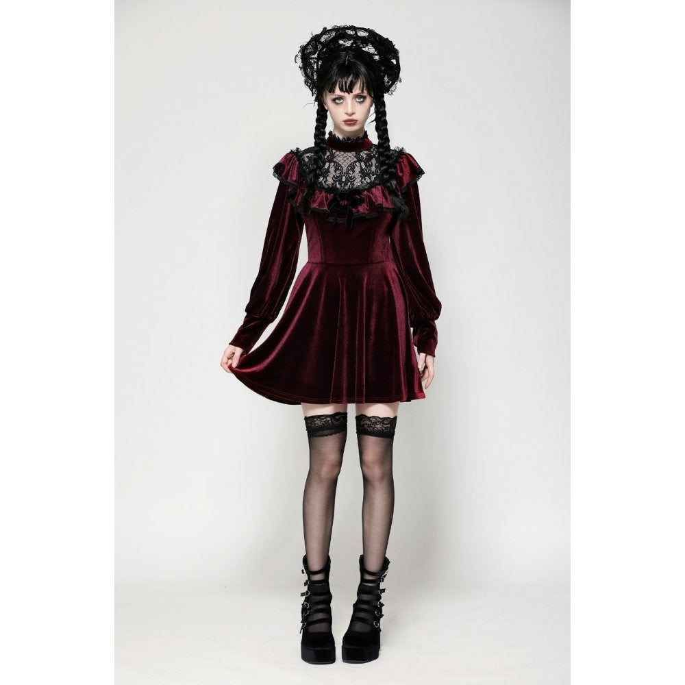 Dark in Love Verity Burgundy Velvet Dress with Black Gothic Lace - Kate's Clothing
