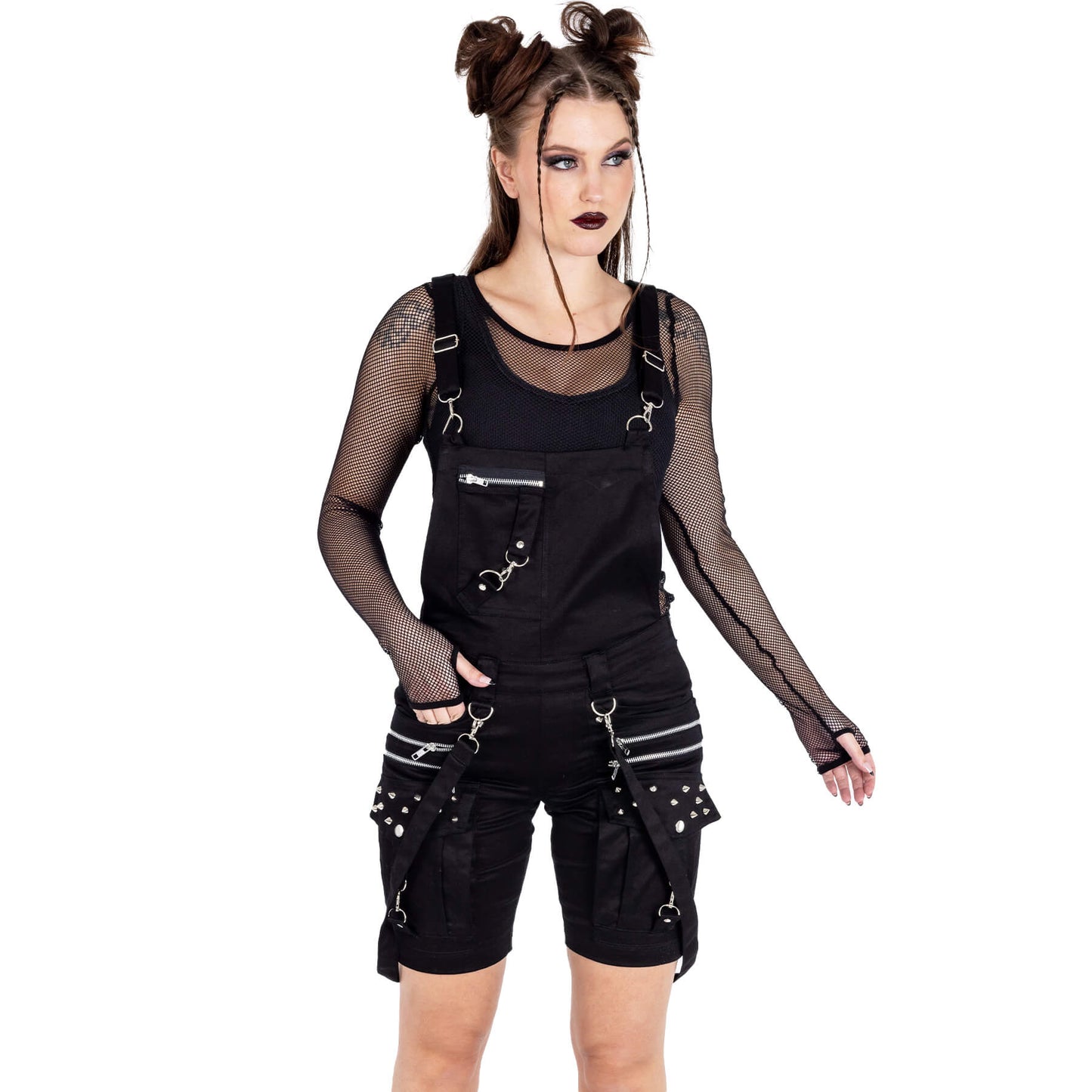 Chemical Black Trinity dungaree shorts gothic alternative outfit with straps and studs