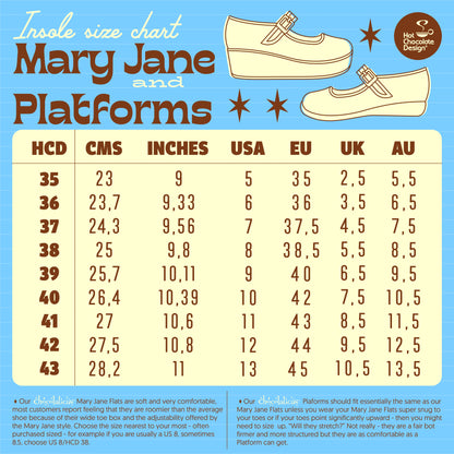 Chocolaticas Mary Jane platform shoes size chart measurement guide