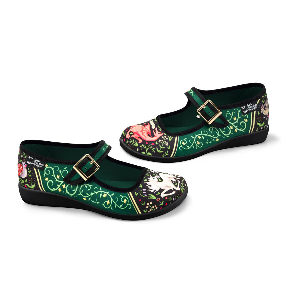 Chocolaticas Medieval Bestiary Mary Jane flat shoes side view medieval dragon unicorn design