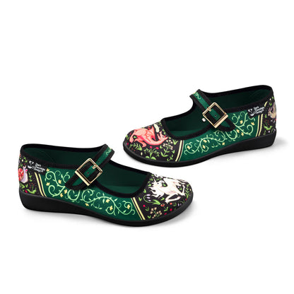 Chocolaticas Medieval Bestiary Mary Jane flat shoes side view medieval dragon unicorn design